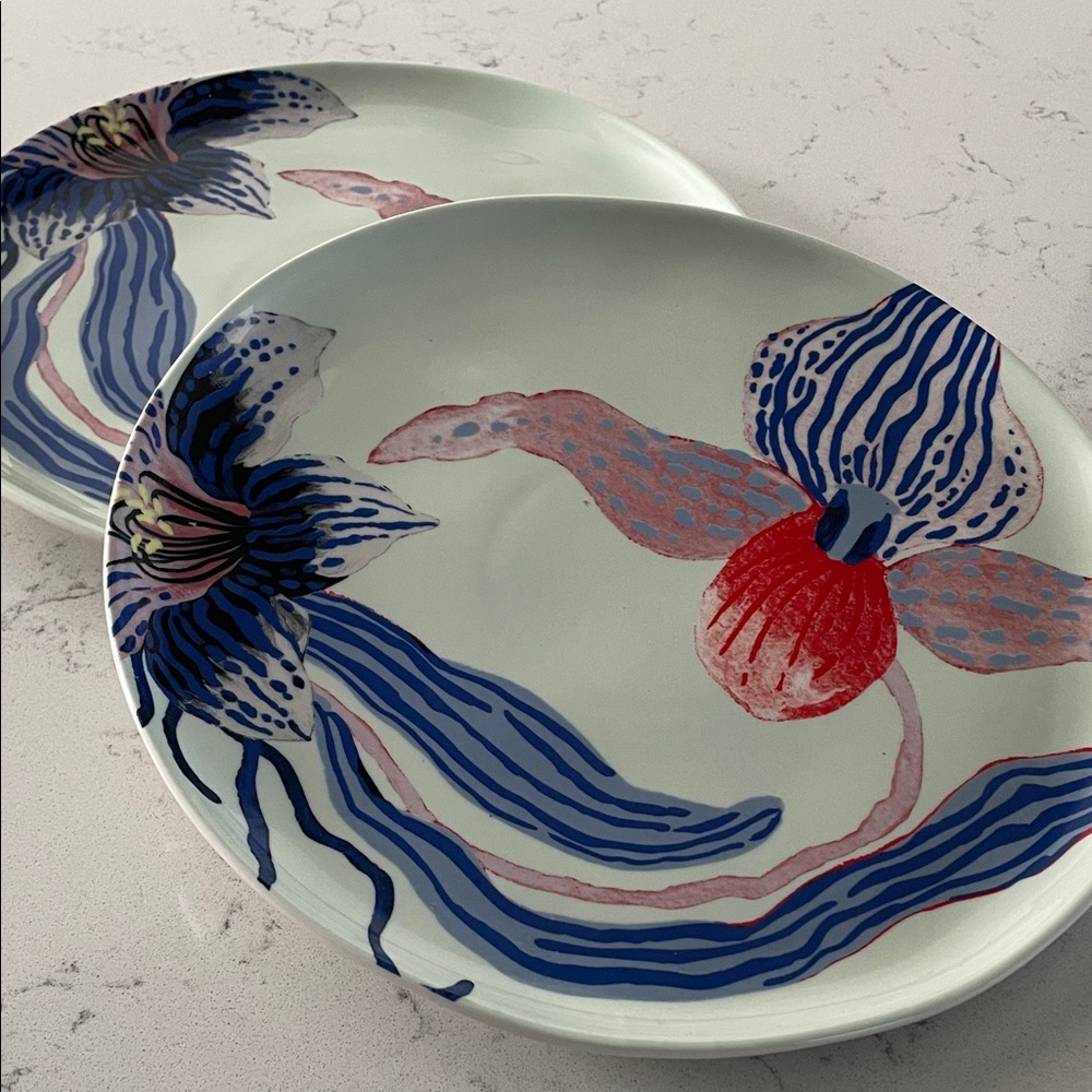 Anthropologie Floral Ceramic Plates - Blue and Red, 2 plates. Dimension 11 in.